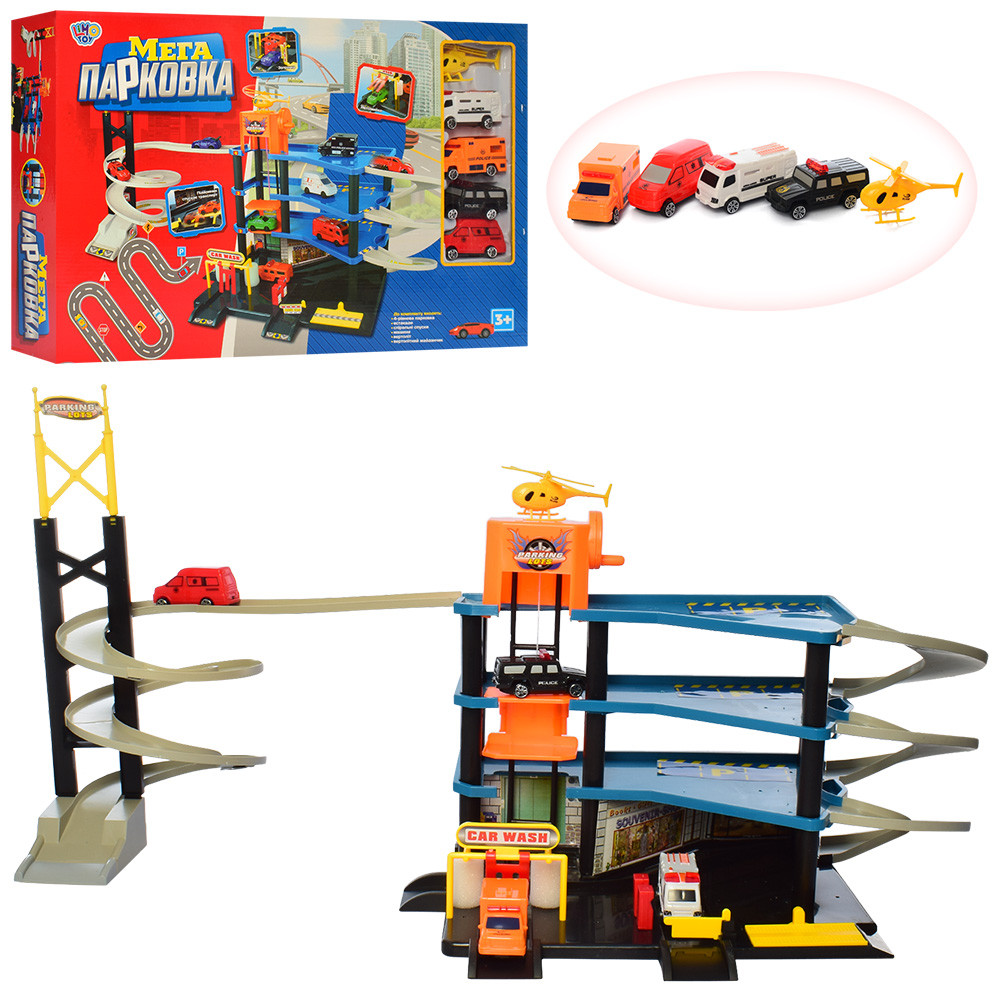 

Детский игровой набор Гараж Мега Парковка Limo Toy 0847 4 этажный, транспорт 4 шт, 8 см, дорожные знаки