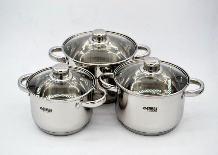 

Набор кастрюль Benson BN-205 с крышками 2.1л 2.9л 3.9л из нерж. стали 6 предметов Серебристый