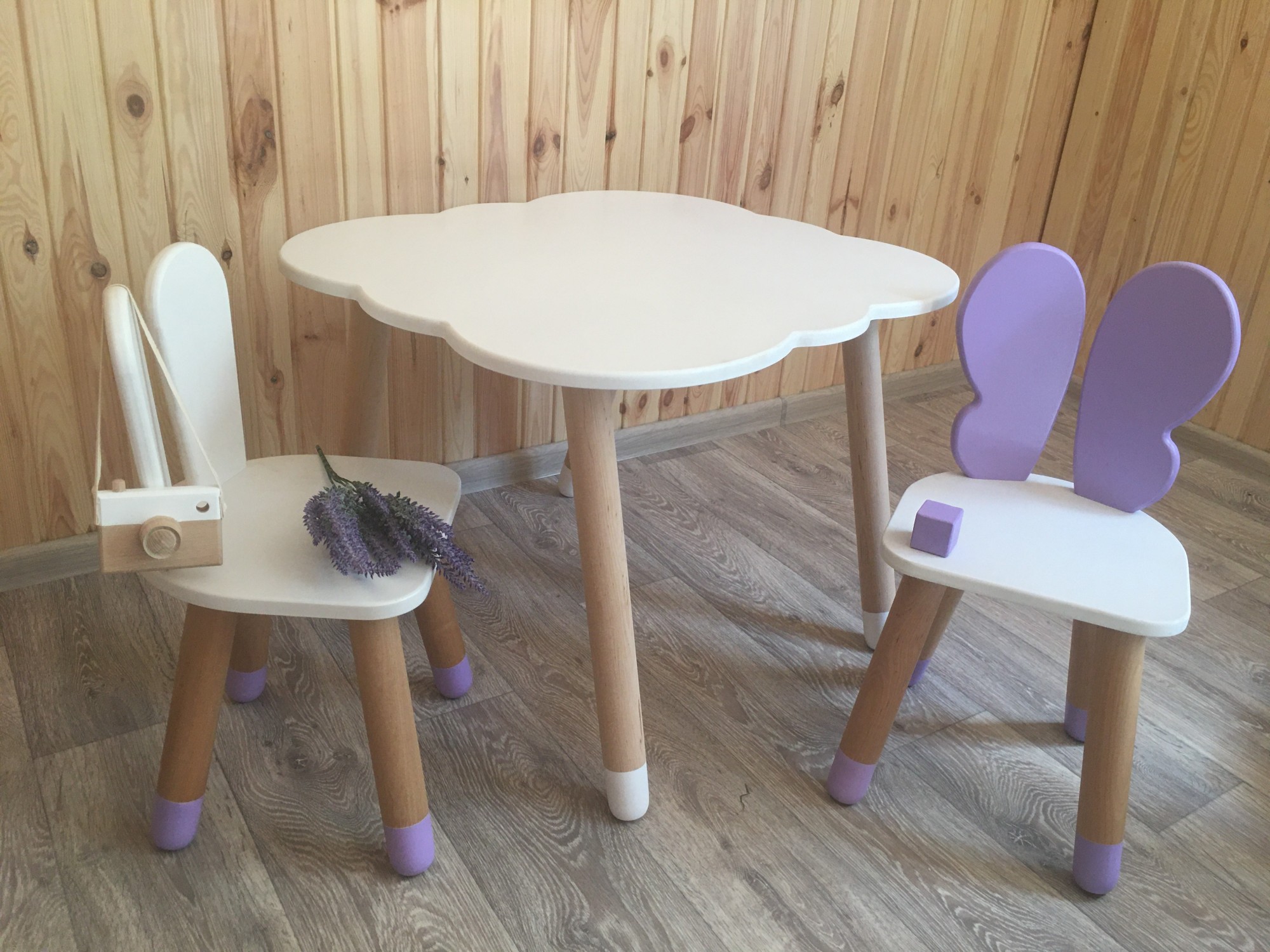

Детский стол (Облако) и 2 стульчика KidsBunkBed (Ангел и Зайка) цвет белый фиолетовый