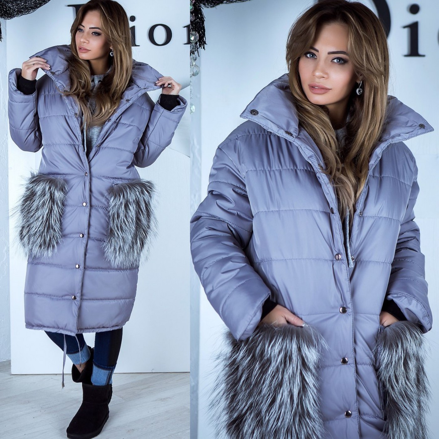 

Пальто - куртка длинная с меховыми карманами М серый 10963