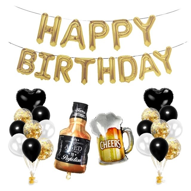 

Фотозона из шаров Мужской стиль на день рождения с надписью Happy Birthday