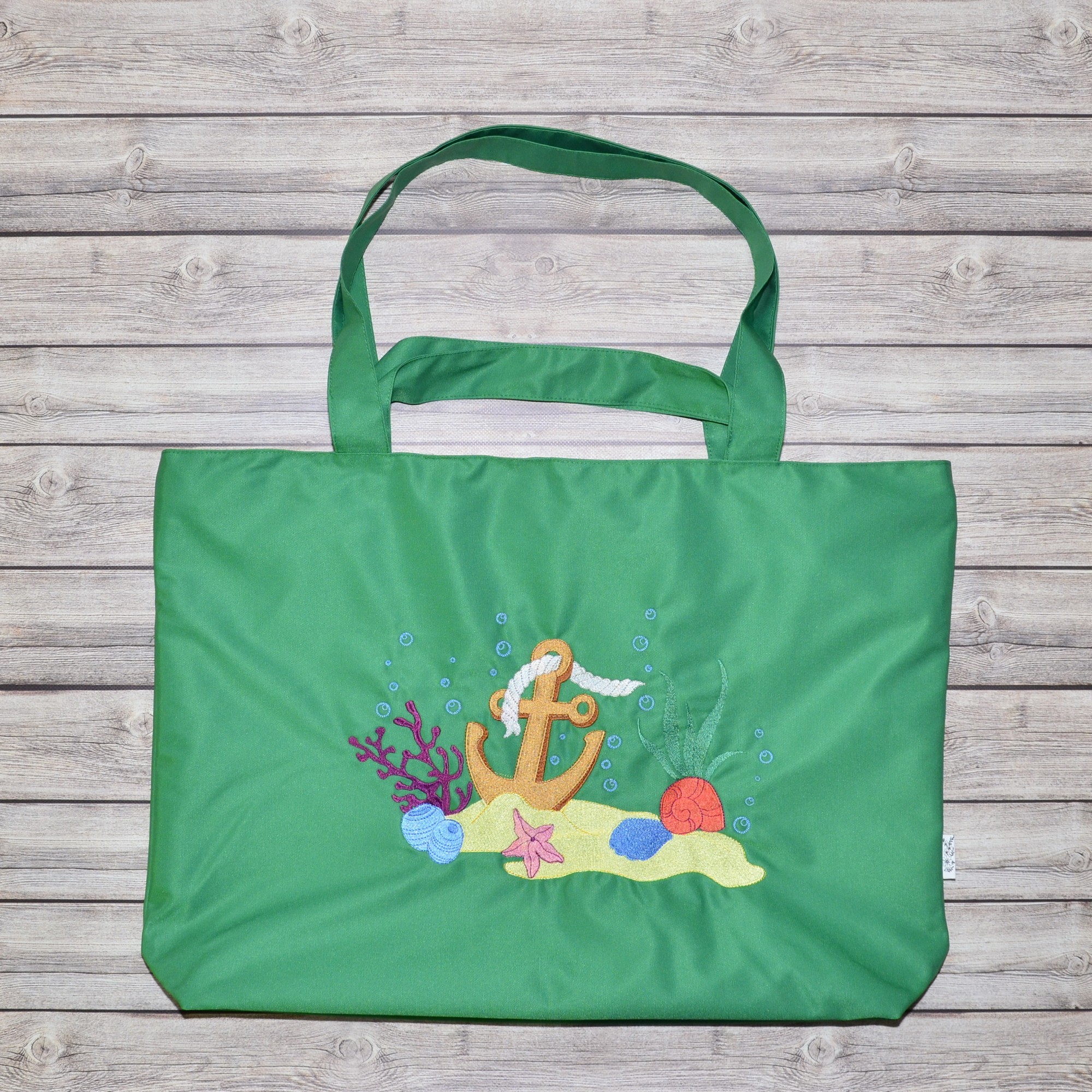 

Женская пляжная эко сумка, цвет - зеленый, с вышивкой - якорь, Світлана-К.