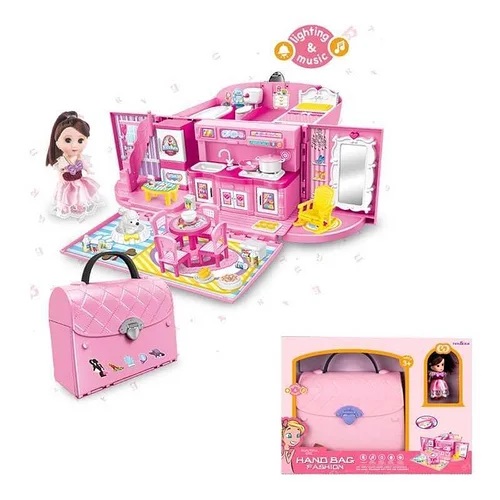 

Игровой набор в виде сумочки трансформирующейся в домик с куклой, питомцем, мебелью, аксессуарами, светом и музыкой