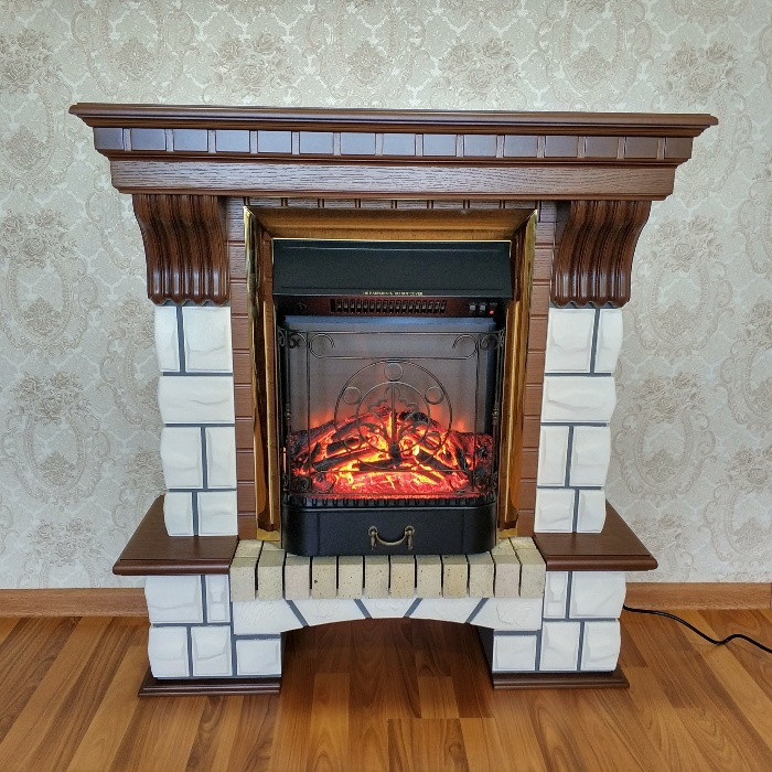 

Фронтальный каминокомплект Fireplace Лондон Белый + Орех эффект мерцающих дров со звуком и обогревом