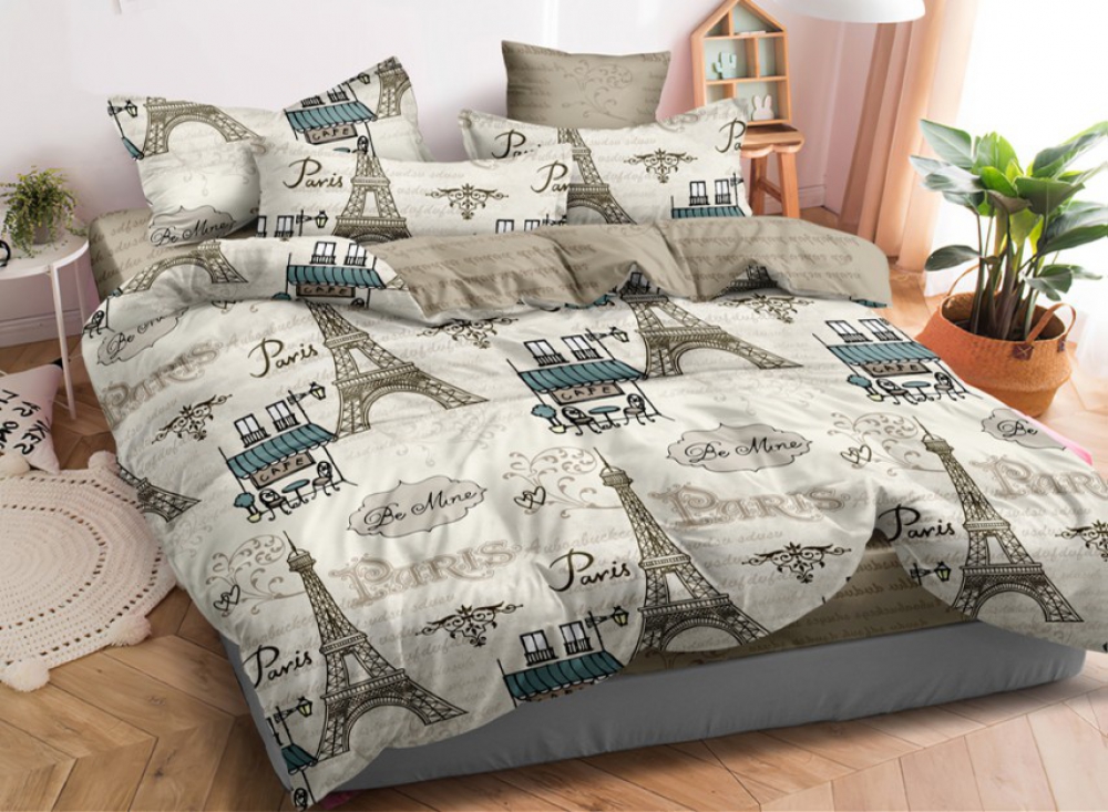 

Комплект постельного белья Komfort-tekstil Мой Париж, сатин (Двуспальный на резинке)