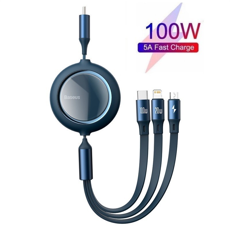 

Кабель Baseus 100W Bright Mirror 3в1 Retractable Data Cable Type-C/Micro/Lightning 1.2m blue