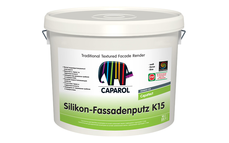 

Штукатурка на основе силиконовой-смолы Caparol Silikon-Fassadenputz K15 25кг Белая арт - 863684