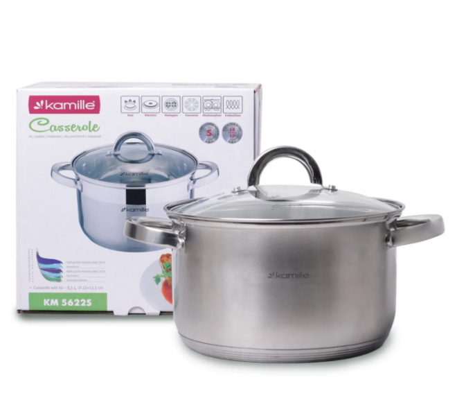 

Кастрюля с крышкой Kamille 4.5л из нержавеющей стали и полыми ручками для индукции и газа KM-5622S