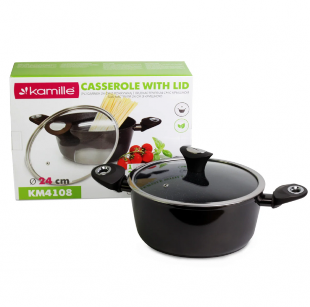 

Кастрюля с крышкой Kamille 4.0л из алюминия с антипригарным покрытием Black marble и KM-4108