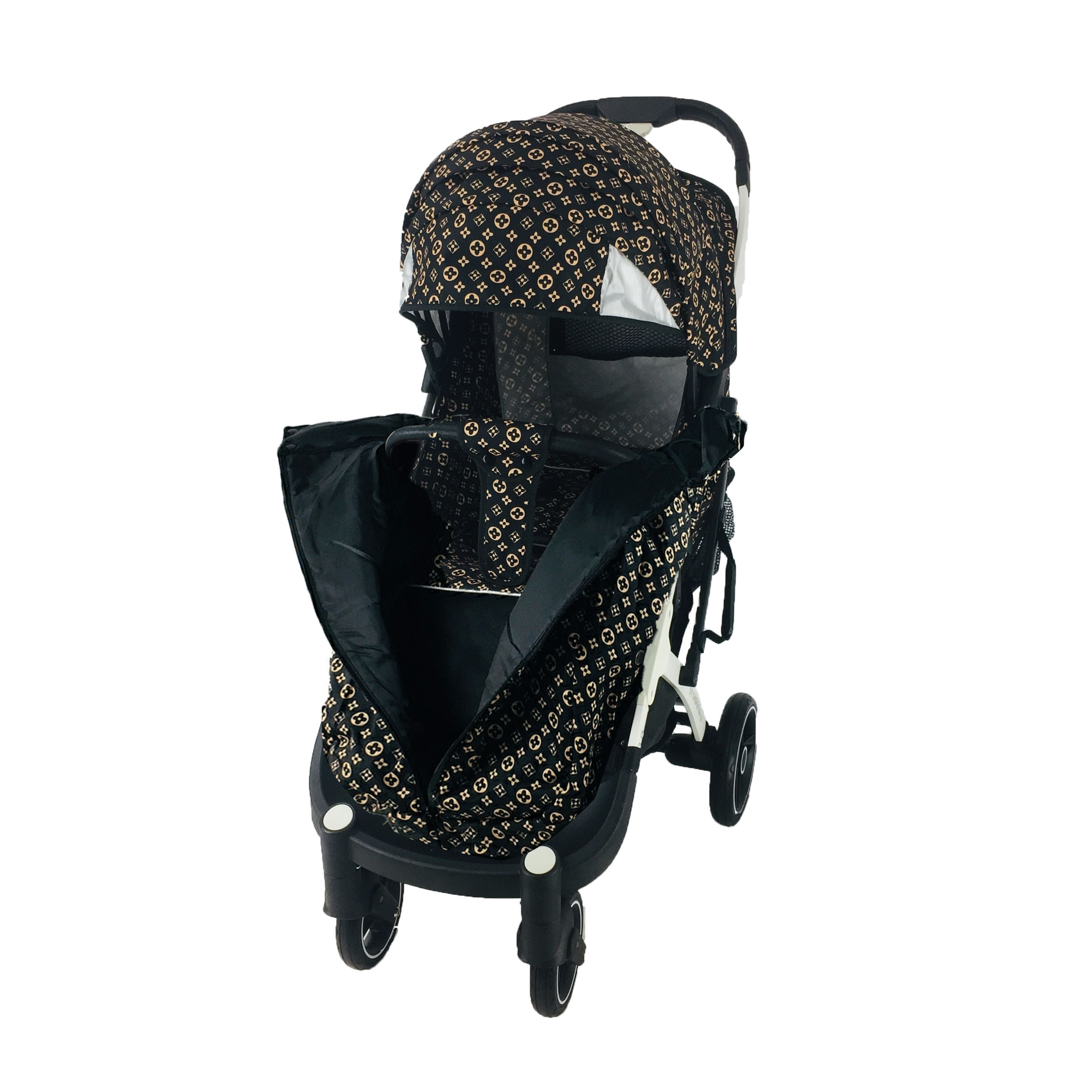 

Коляска Yoya Plus Pro-22 с Большим дождевиком Черно-желтая LV Brown на Белой раме