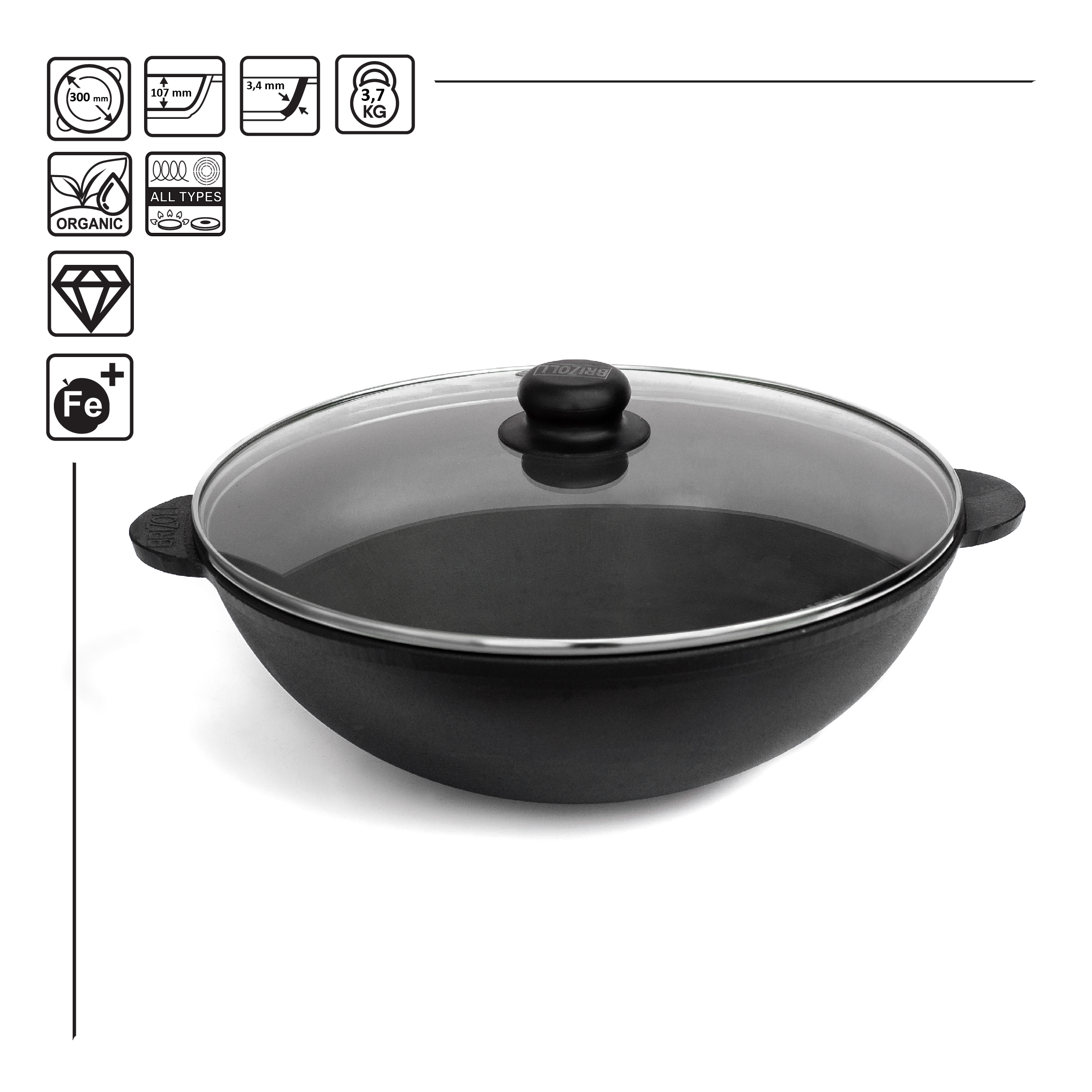 

Сковорода Brizoll WOK чугунная с крышкой 4.7 л (W30-1)
