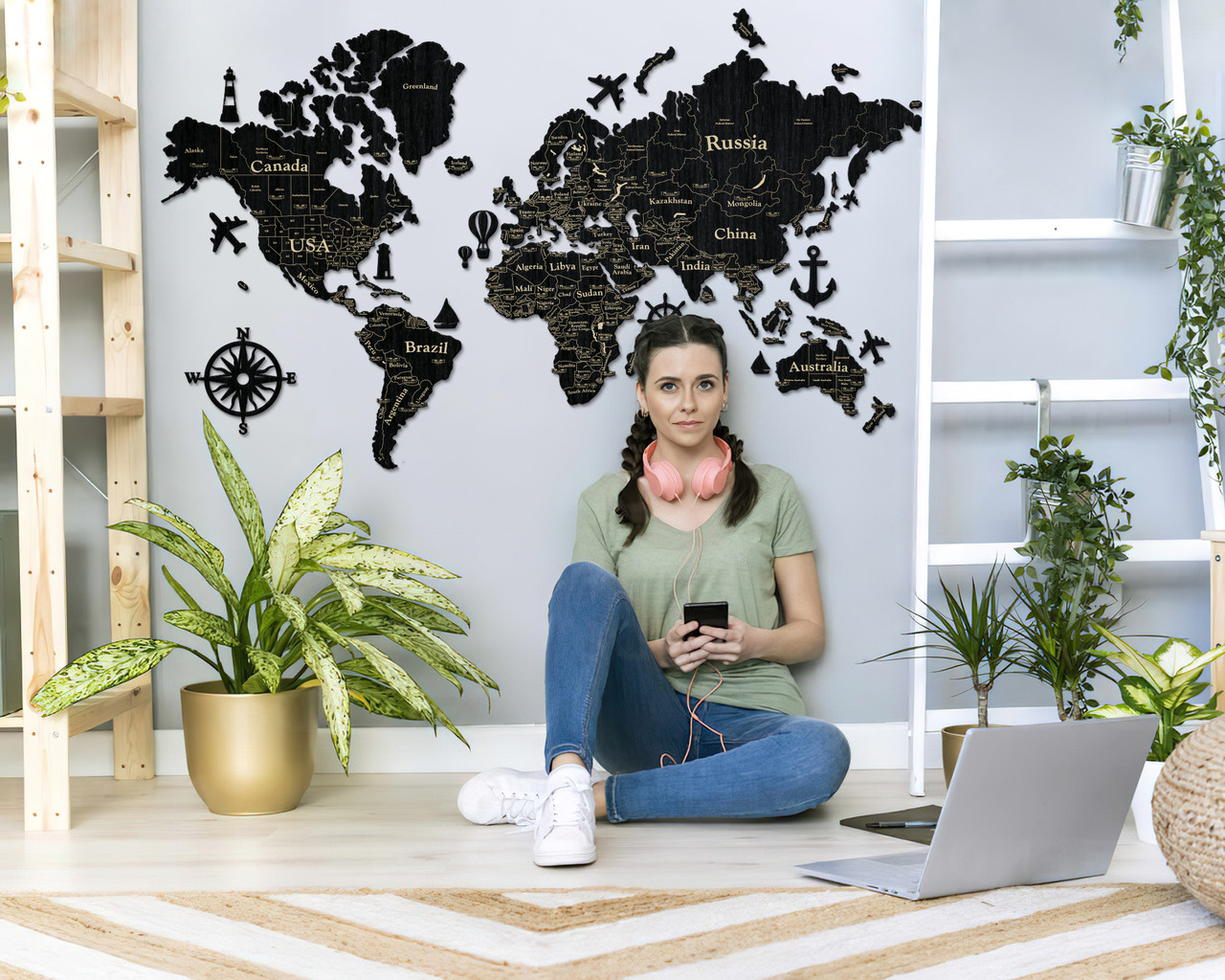 

Деревянная карта мира на стену из дерева однослойная LikeWood Standard XL 250 × 150 см Гравировка Страны и города Черный