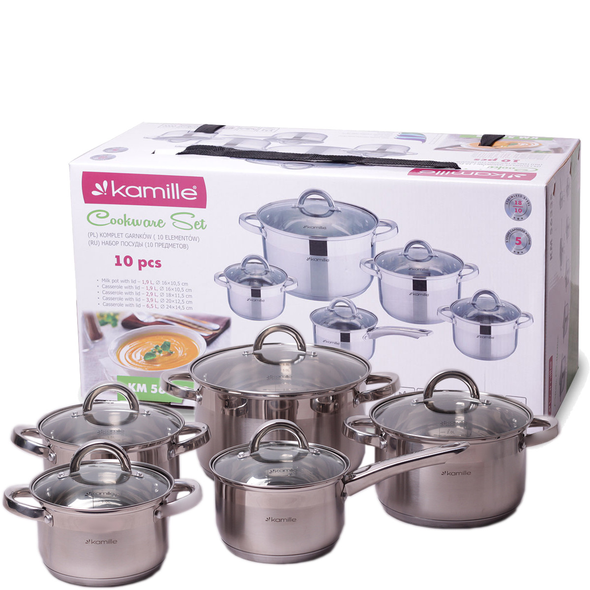 

Набор посуды Kamille из нержавеющей стали 10 предметов для индукции и газа (2.1л, 2.9л, 3.9л, 6.5л) KM-5633S