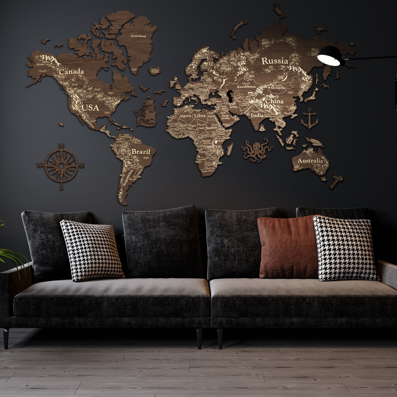 

Деревянная карта мира на стену из дерева LikeWood Perfect World L 200 × 120 см Гравировка Страны и города Темный орех