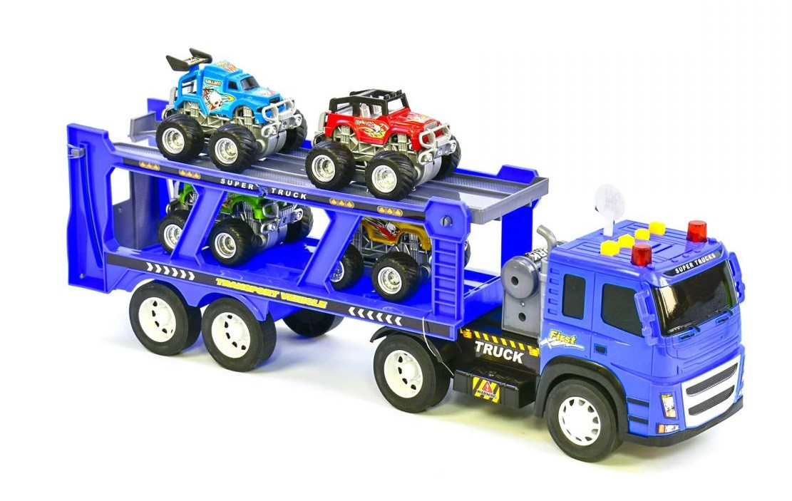 

Машинка Middle Truck Трейлер с 4 машинками, инерционная, свет, звук 1188-41