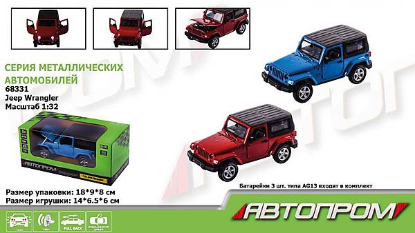 

Машина металл 2 цвета, 1:32 Jeep Wrangler свет, звук Автопром (68331)