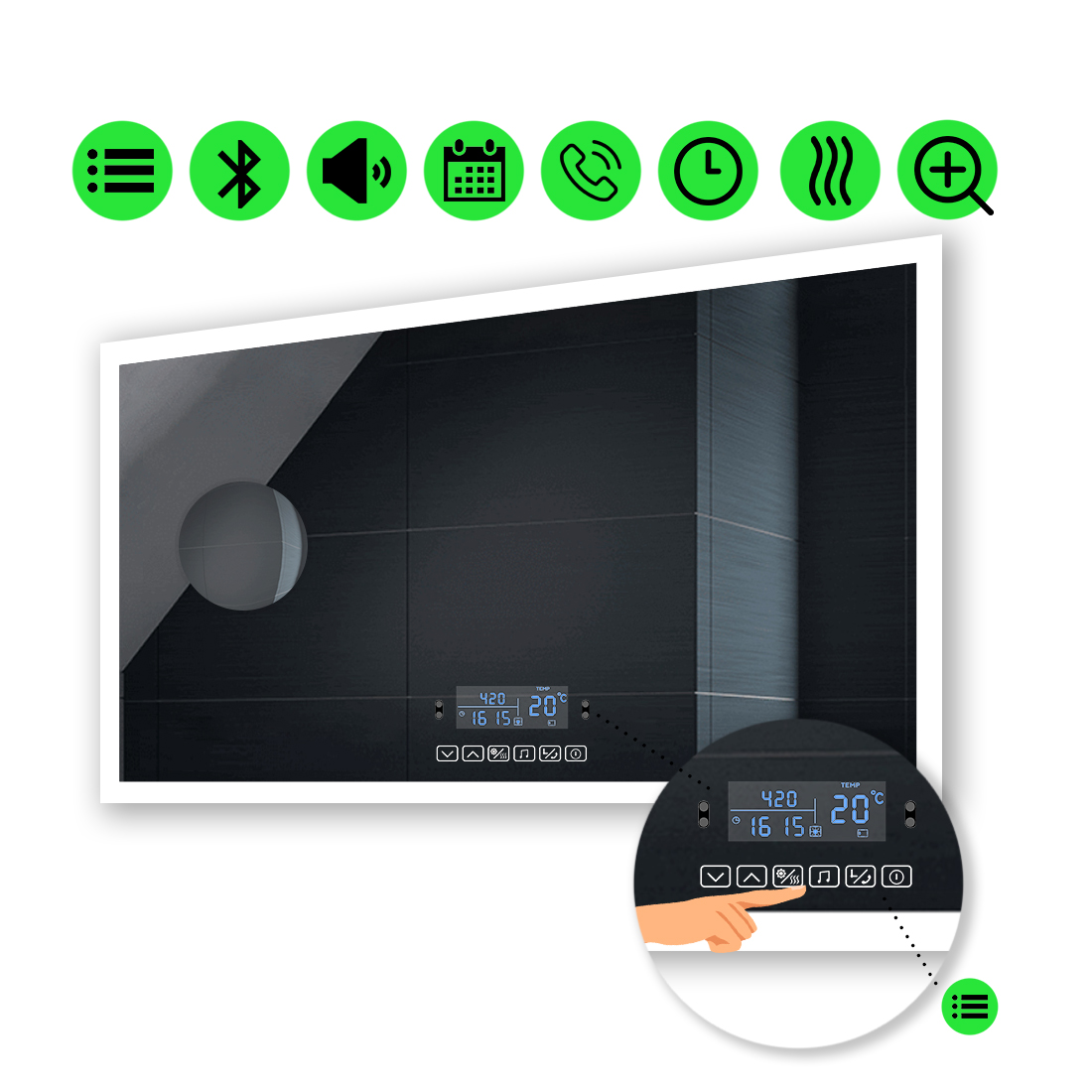 

LED-зеркало 120x100см, с Smart-блоком, линзой без подсветки и подогревом, модель Simphony (Simphonyg240)