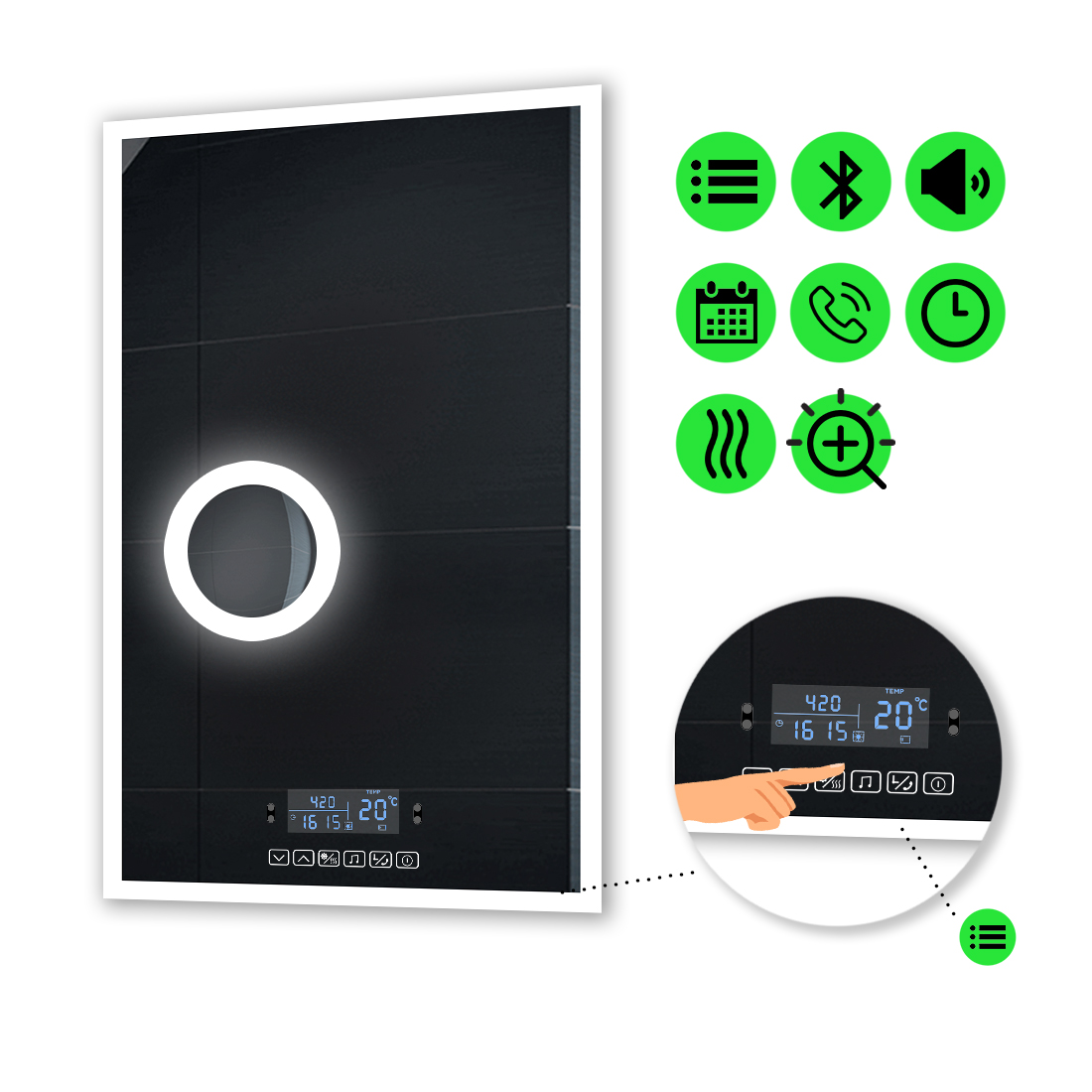 

LED-зеркало 70x80см, с Smart-блоком, линзой с подсветкой и подогревом, модель Simphony (Simphony239)