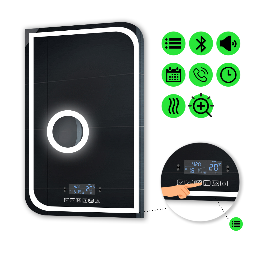 

LED-зеркало 70x100см, с Smart-блоком, линзой с подсветкой и подогревом, модель Noemi (noemi151)
