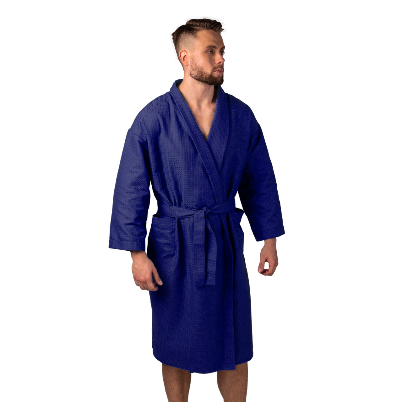 

Вафельный халат Luxyart Кимоно 54-56 XL хлопок Темно-синий (LS-459)