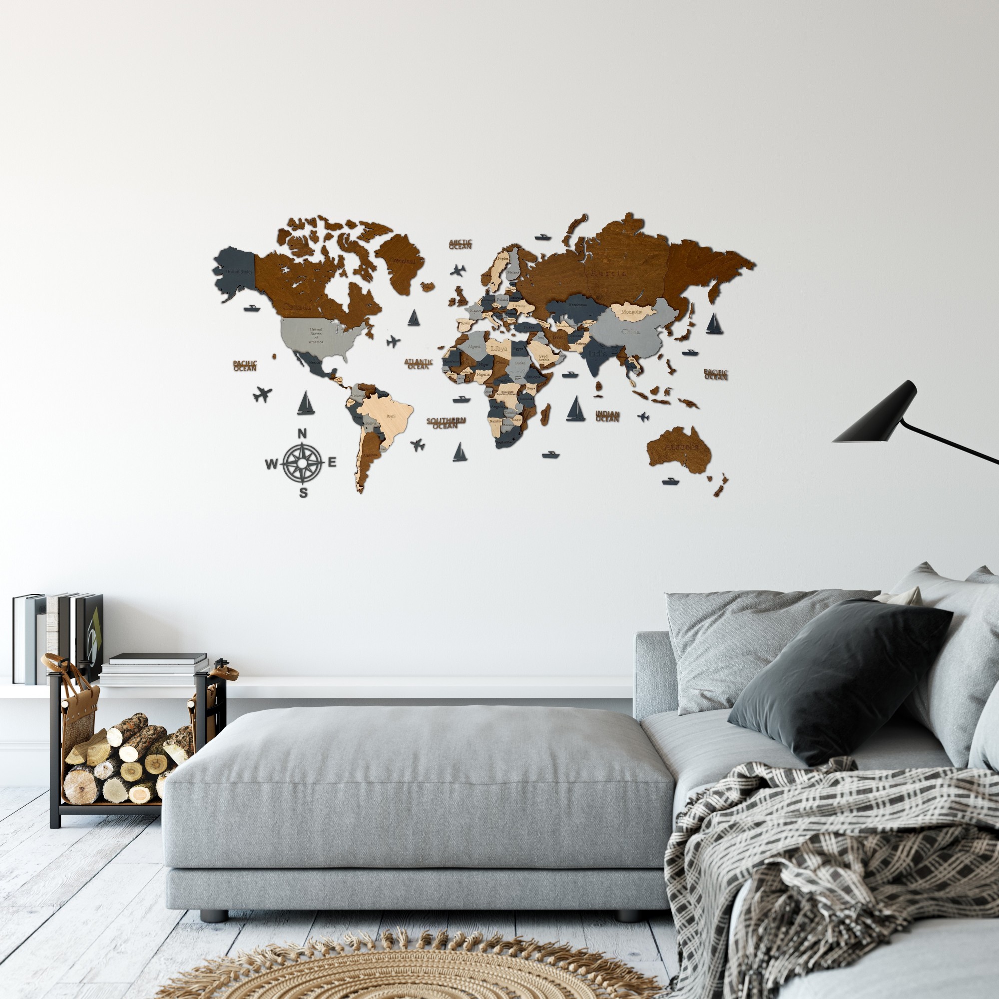

Деревянная карта мира Wood Goods Стандарт 200x100 см коричневый серый