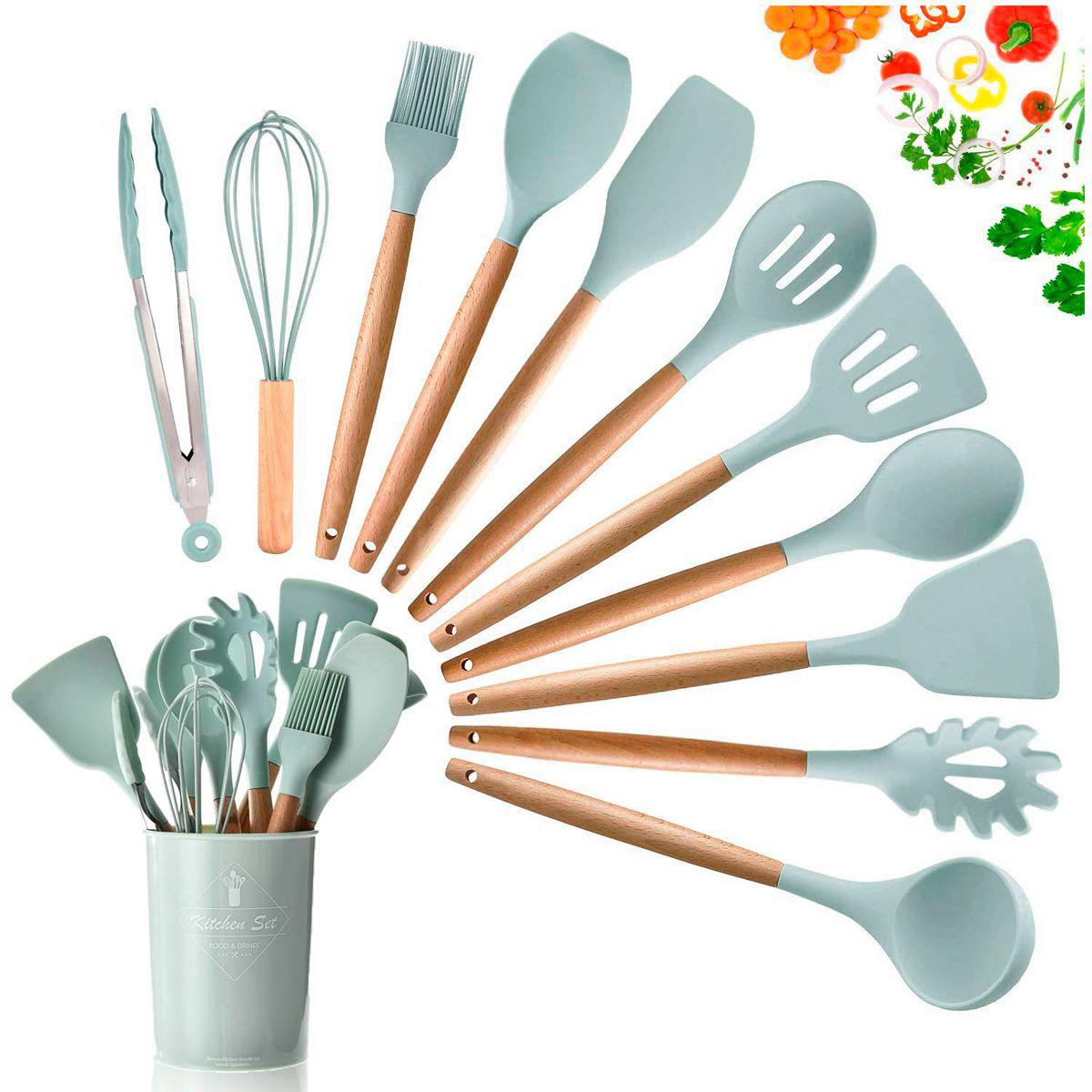 

Кухонный набор из 12 предметов с деревянной ручкой JZK Kitchen and Dining силиконовые принадлежности для кухни. Мятный