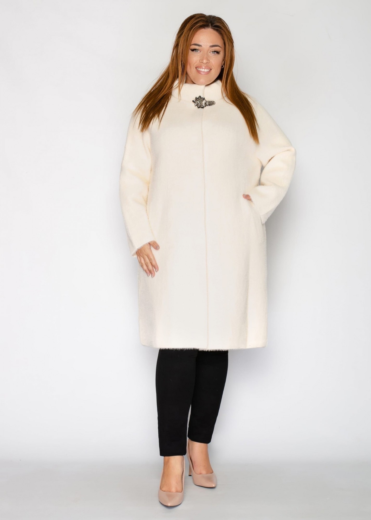 

Пальто женское альпака миди воротник стойка Miss Podium Молочный 56