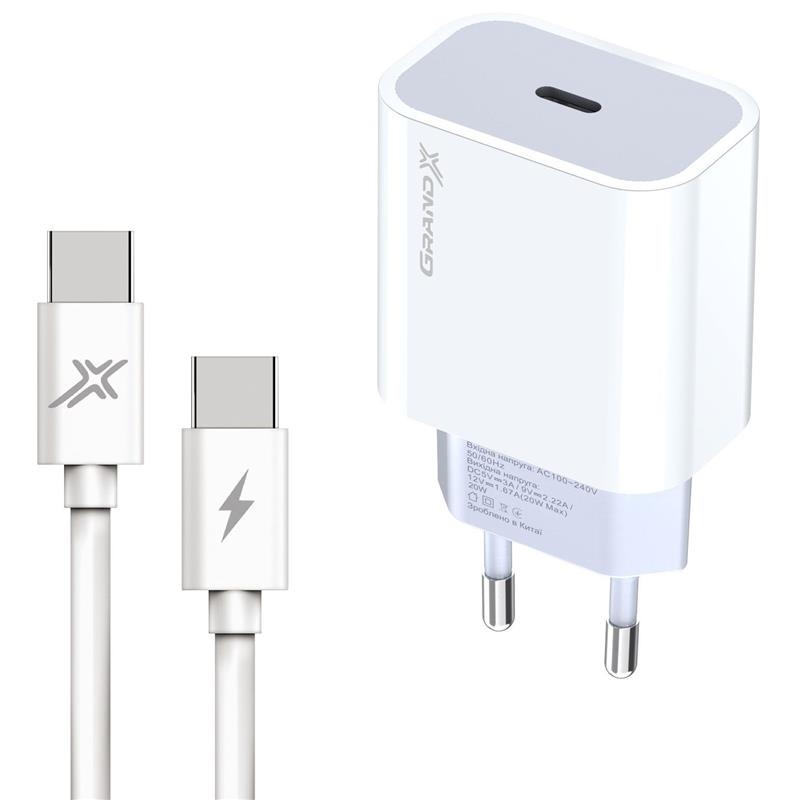 

Сетевое зарядное устройство Grand-X (1xUSB-C 20W) PD 3.0, QC 4.0, AFC, FCP White (CH-770C) + кабель USB Type-C