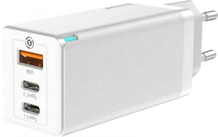 

Зарядное устройство Baseus GaN Quick Travel Charger 65W (2 Type-C + 1 USB) White (CCGAN-B02)