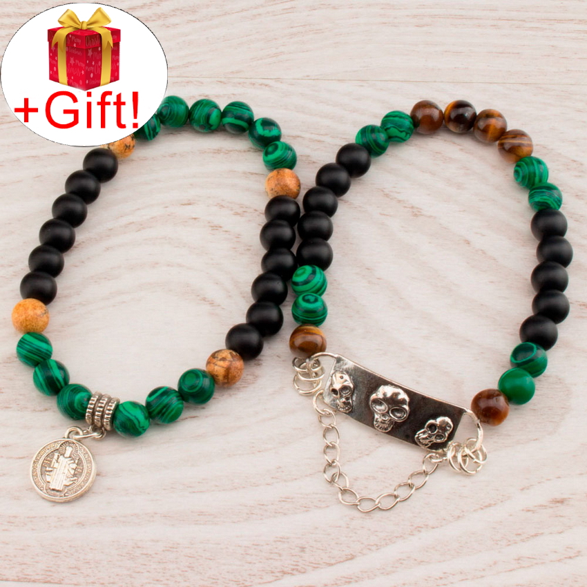 

Набор - 2 браслета, агат натуральный, малахит натуральный, тигровый глаз натуральный и шунгит натуральный (8 мм), размер 16 см, julB0731