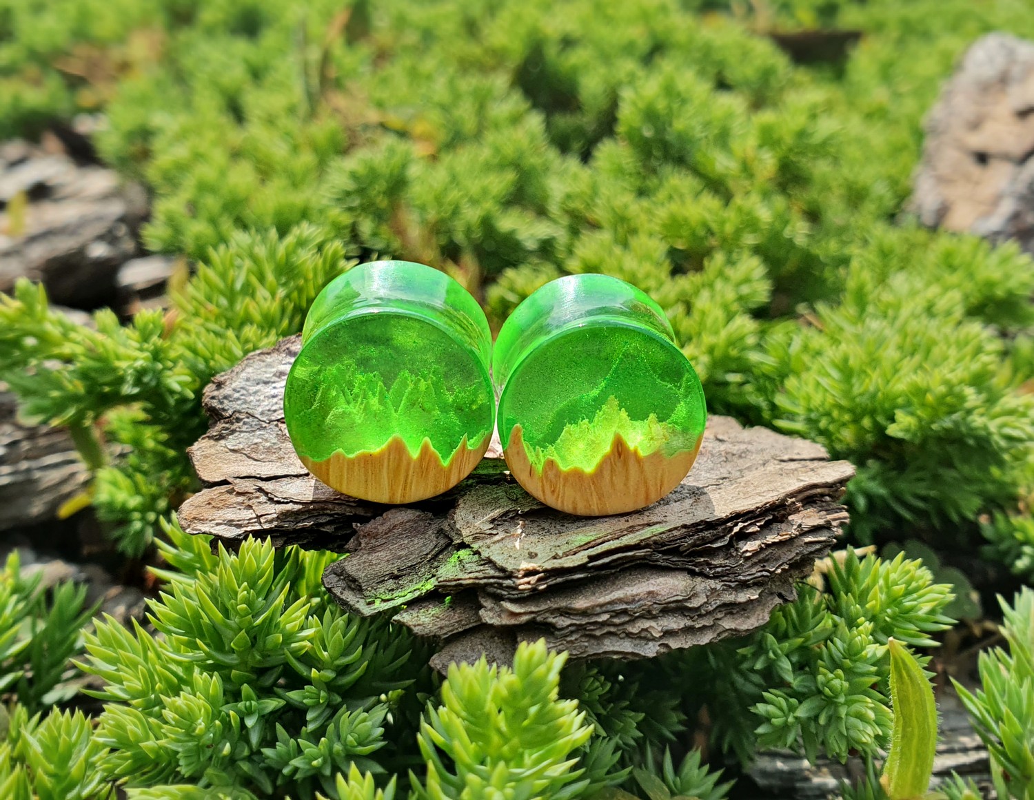 

Серьги плаги WoodWork TUNNEL Round Green 28 мм Деревянные