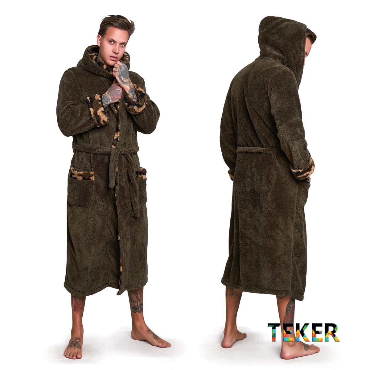 

Мужской махровый халат с капюшоном L-XL (-) хаки, Мужской махровый халат с капюшоном L-XL (50-52) хаки