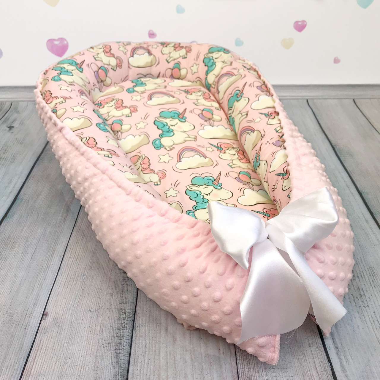 

Кокон-гнёздышко для новорожденного с кокосовым матрасиком Oh My Kids "Pink Unicorns"