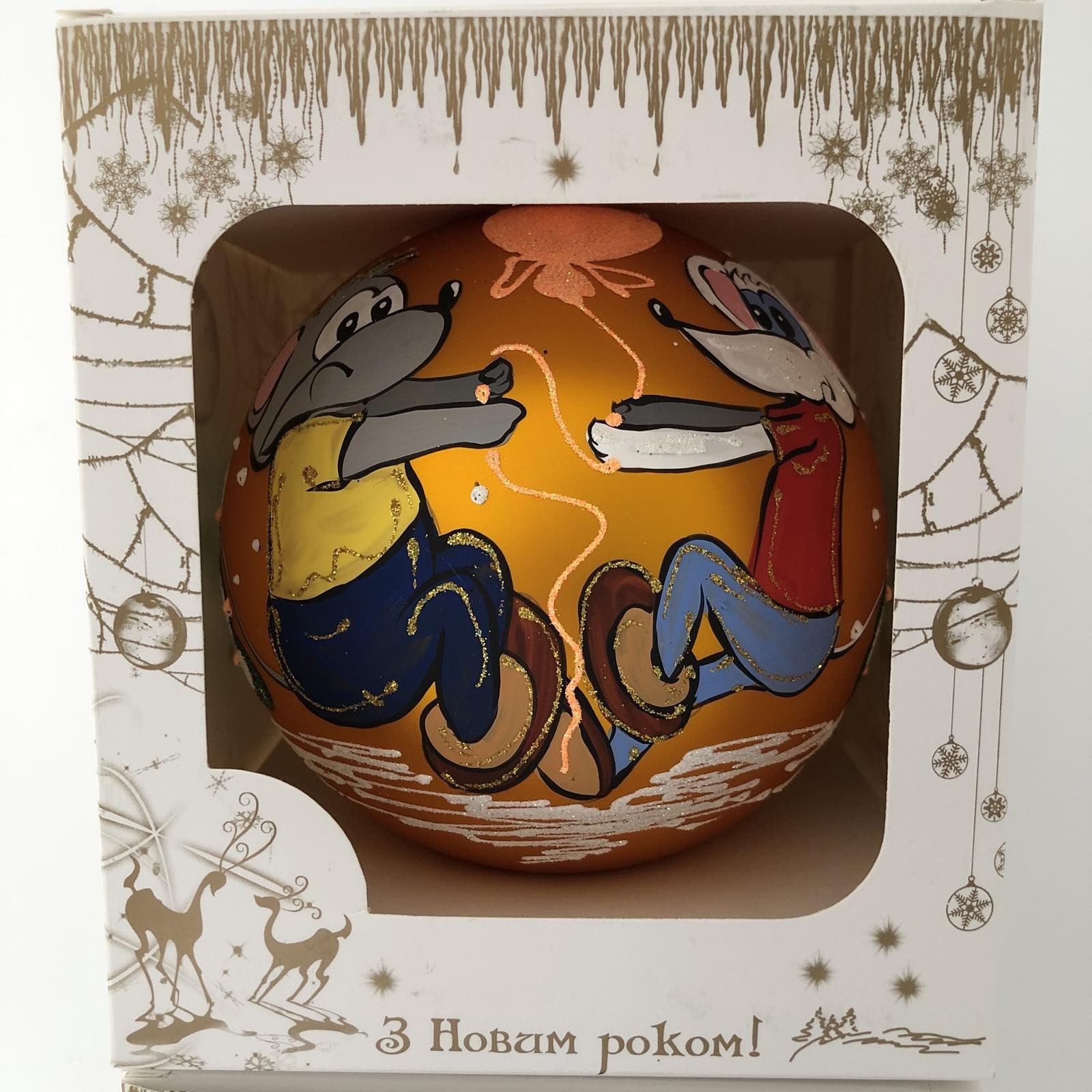 

Стеклянный новогодний шар для декора ёлки Мышата Мотя и Митя 120896M Золотой