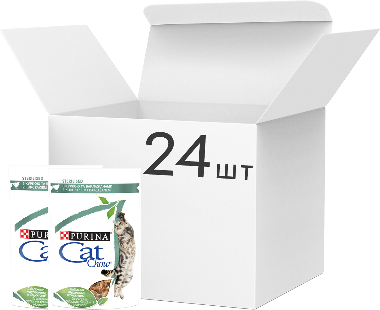

Упаковка влажного корма для кошек Purina Cat Chow с курицей и баклажанами 85 г х 24 шт (7613037025651)