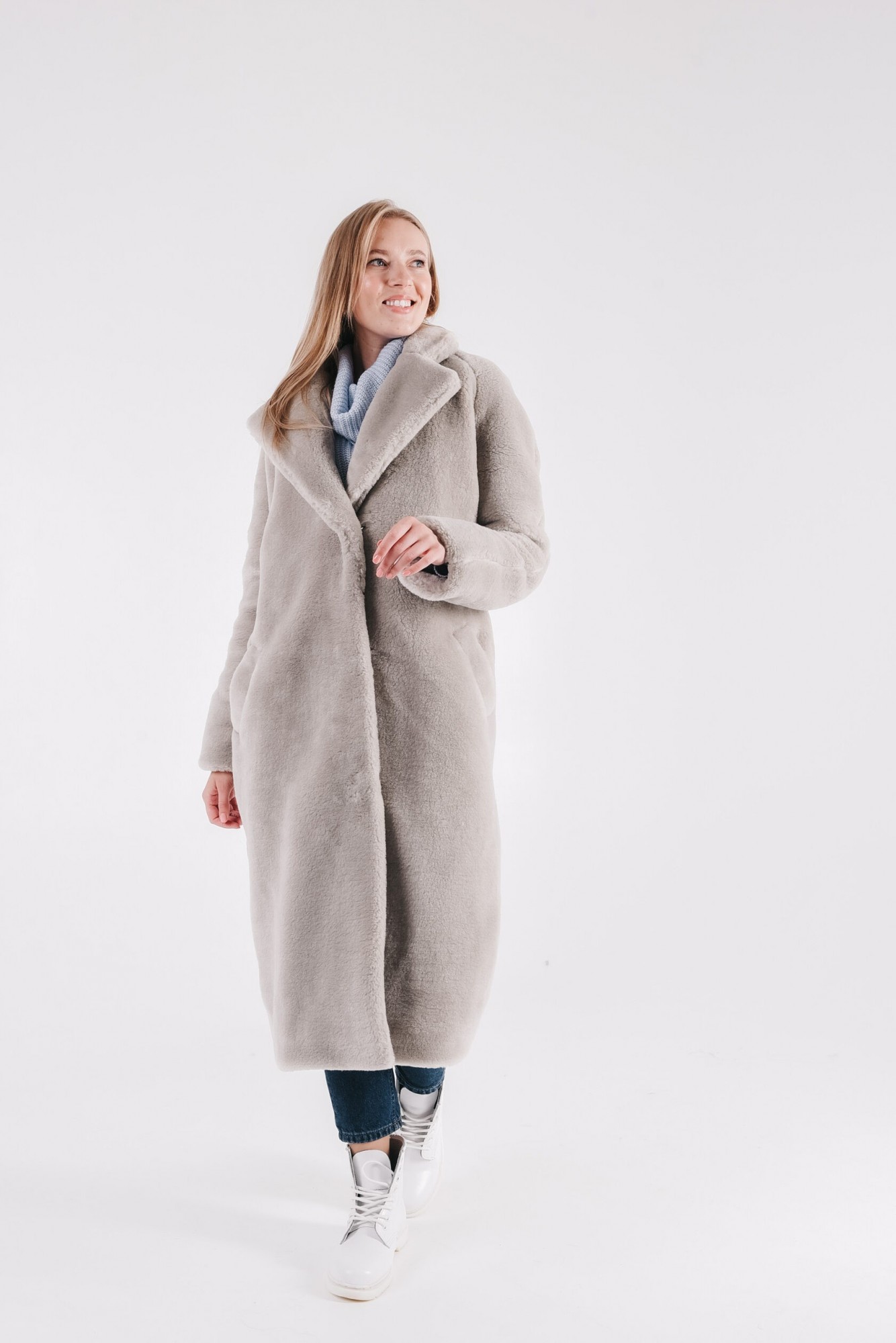 

Шуба с овечьей шерсти Sheep brand Naomi 120см размер S с воротником, серый