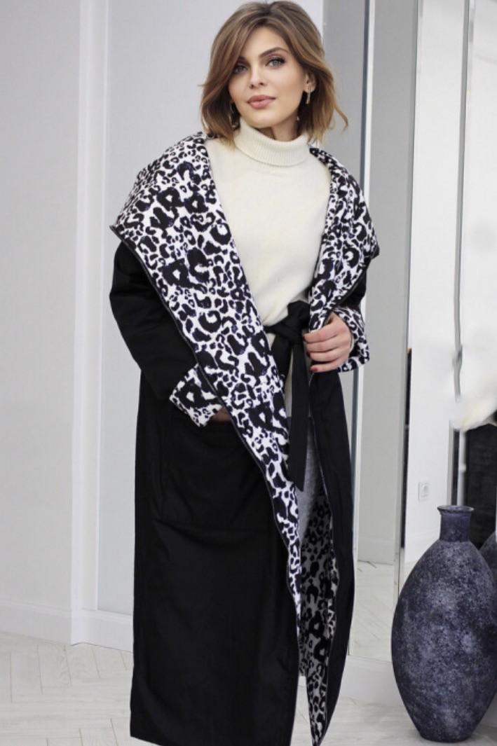 

Двухстороннее пальто кокон MISHELE Misoll L oversize Черное с принтом пантера