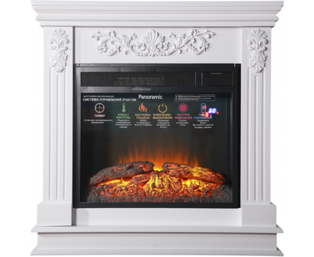 

Классический каминокомплект Fireplace Дарлинг Белый с эффектом живого огня со звуком и обогревом