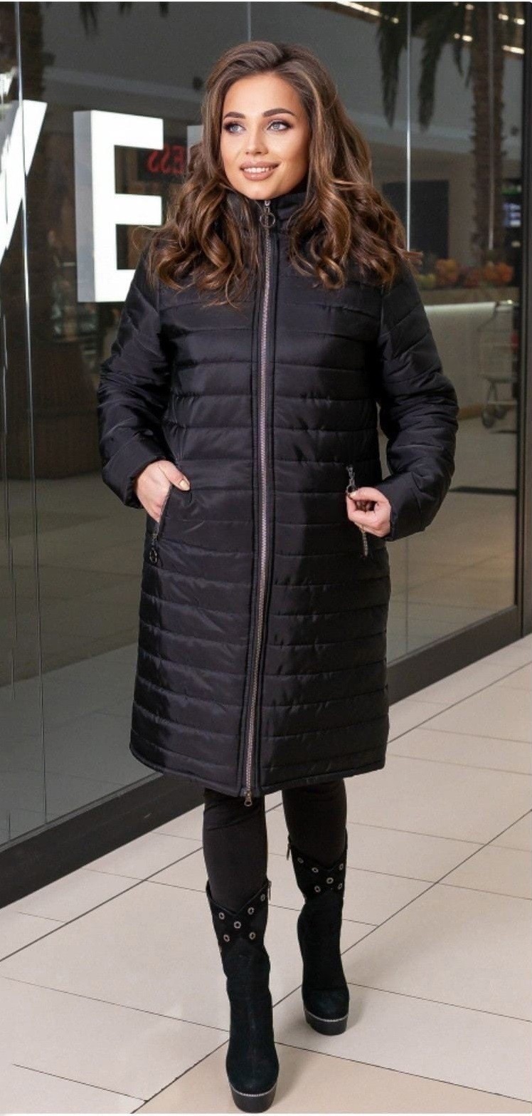 

Куртка женская удлиненная стеганая плащевка на синтепоне без капюшона стойка воротник Miss Podium Черный 54