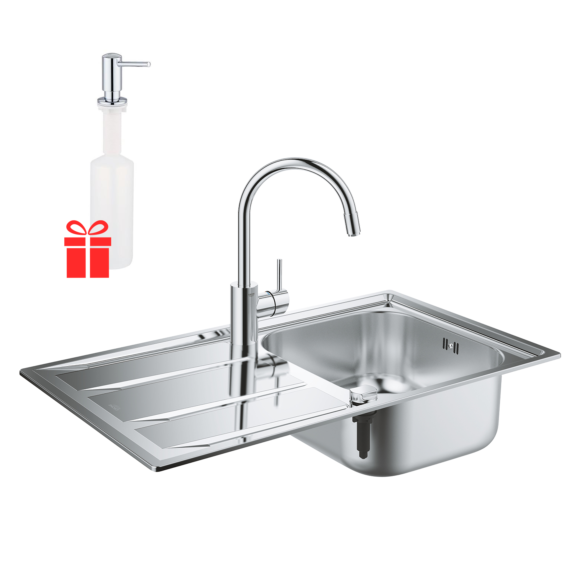 

Набор Grohe мойка кухонная K400 31570SD0 + смеситель Concetto 32663001 + дозатор для моющего средства Contemporary 40536000