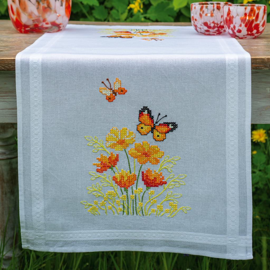

Набор для вышивания крестом (дорожка на стол) Vervaco Orange Flowers and Butterflies Оранжевые цветы и бабочки PN-0187941