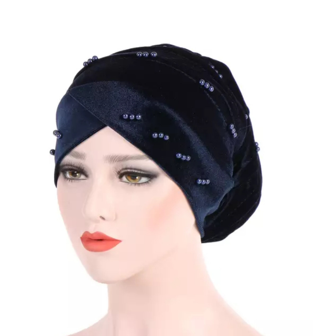 

Чалма тюрбан бархатная темно синяя с бусинами