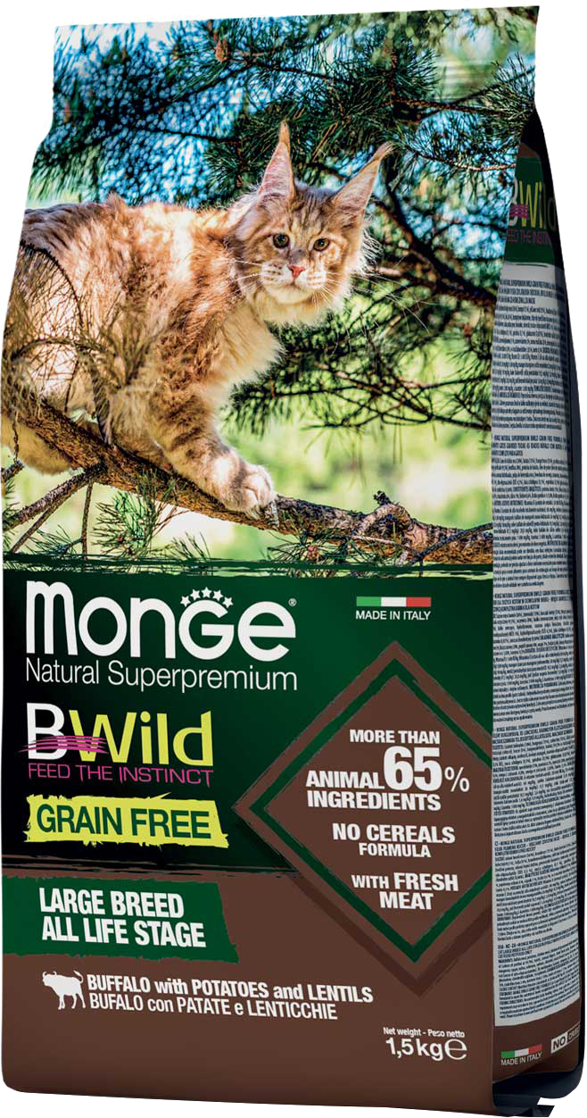 

Сухой корм для котов больших пород Monge Cat Bwild GR.FREE со вкусом буйвола 1.5 кг