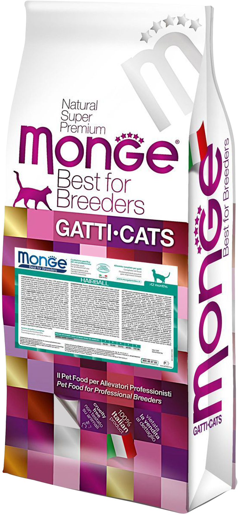 

Сухой корм для котов всех пород Monge Cat Hairball со вкусом курицы, кукурузы и риса 10 кг