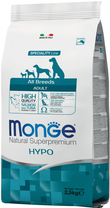 

Сухой корм Monge Dog All breeds Hypoallergenic Salmon&Tuna для взрослых собак, всех пород с рисом, лососем и тунцом 2.5 кг
