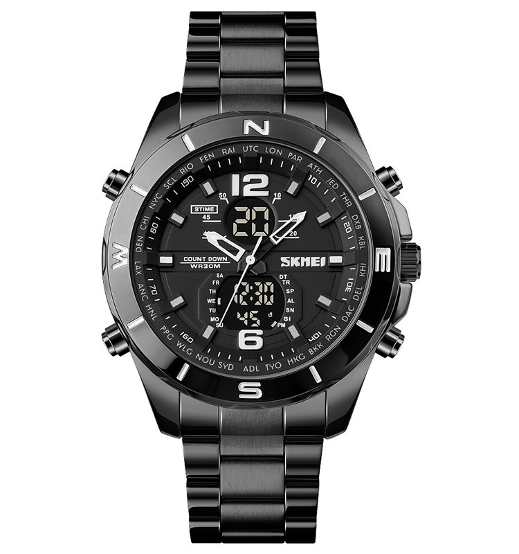 

Часы кварцевые SKMEI 1670 Черный с металлическим браслетом + будильник и секундомер