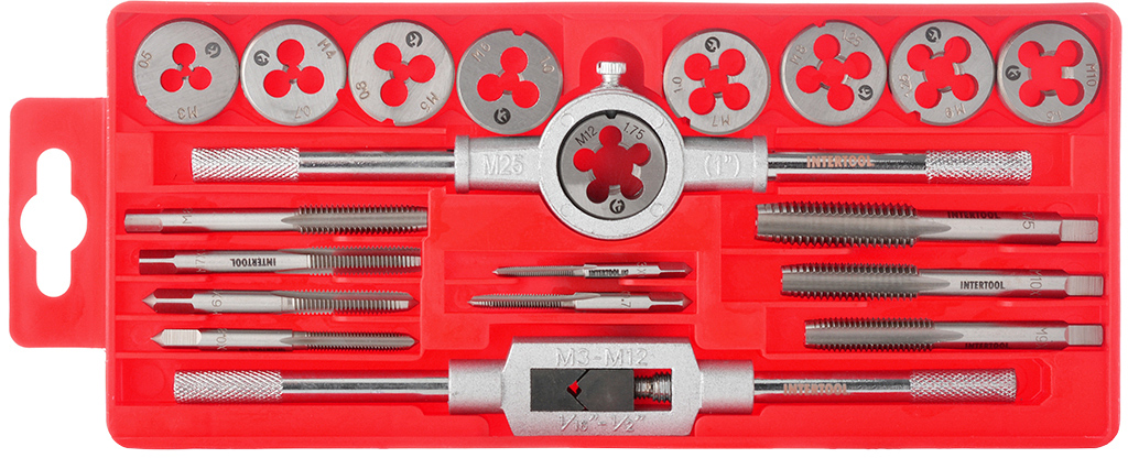 

Набір мітчиків і плашок Intertool M3-M12, 20 предметів (SD-8020)