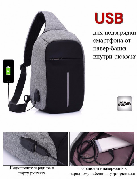 

Рюкзак городской антивор с защитой и USB-портом мини Mini серый