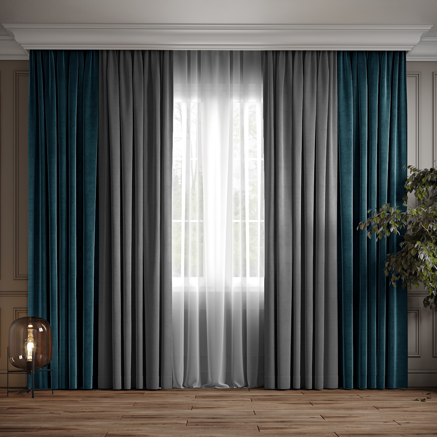 

Комплект двухцветные шторы Ann-Tailor микровелюр Бирюза с серым 300x270 см 2 шт