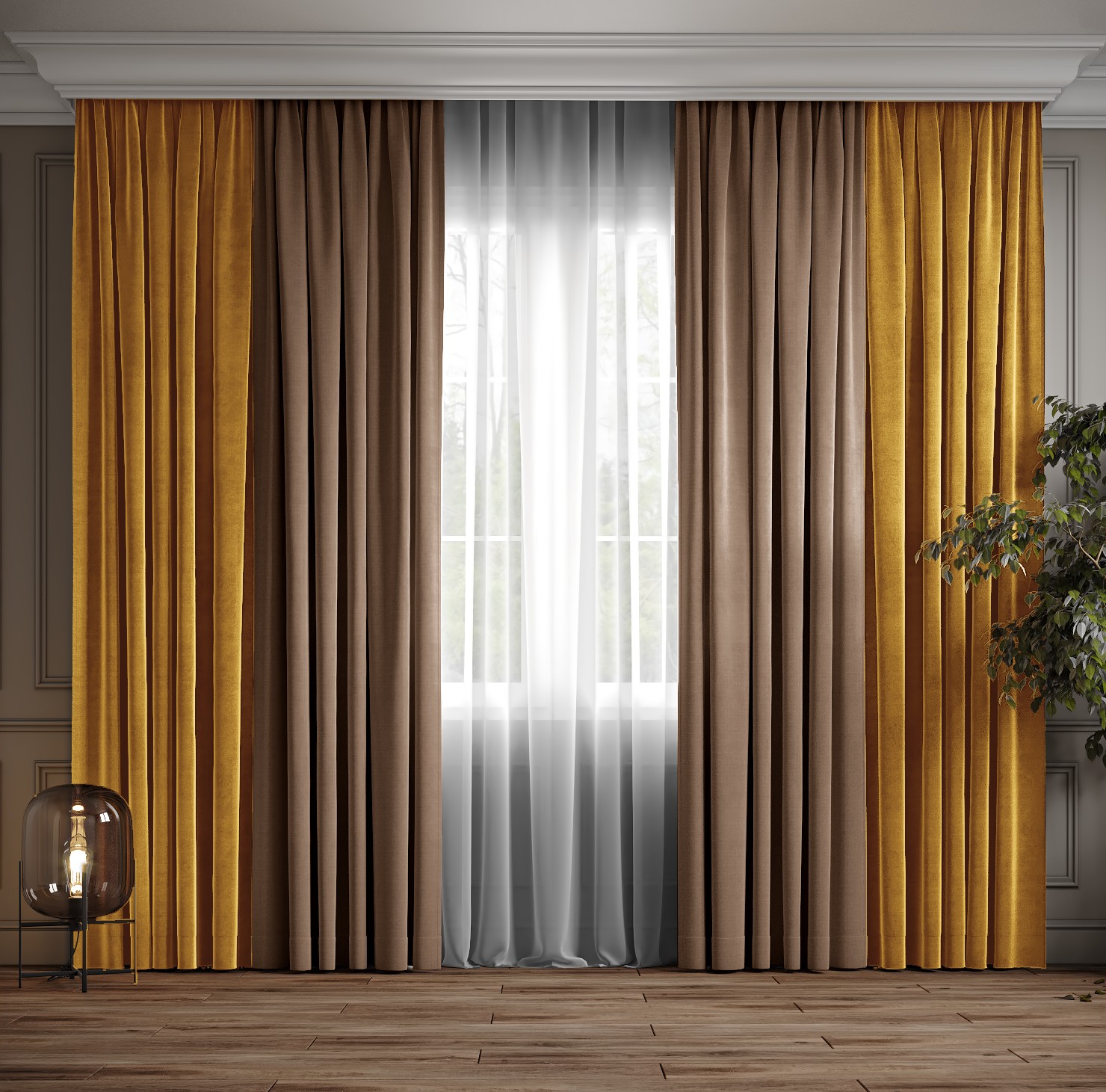 

Комплект двухцветные шторы Ann-Tailor микровелюр Желтый и беж темный 150x270 см 2 шт (344-200)